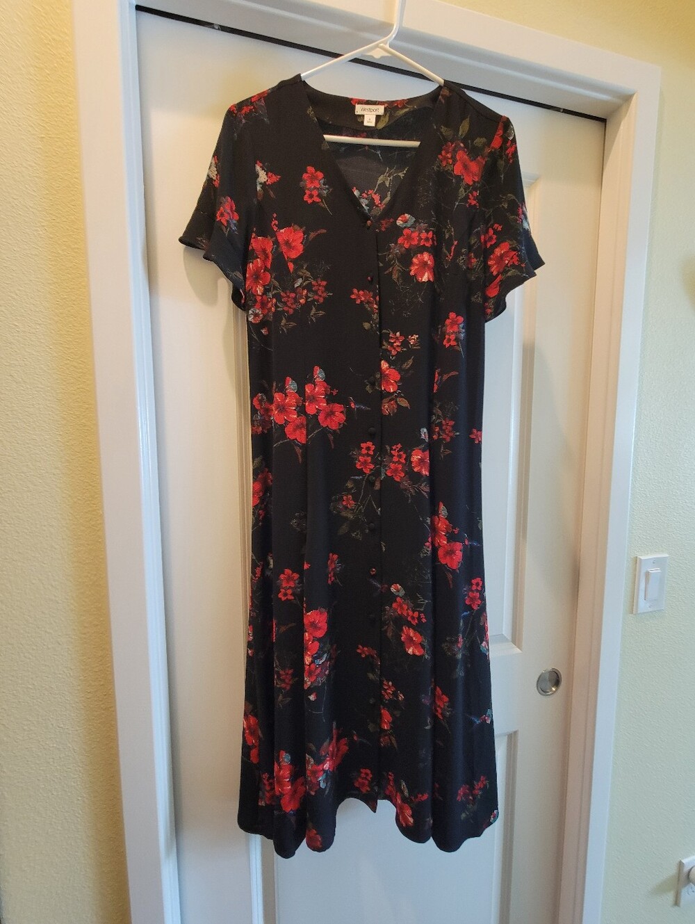 Vintage Westport Black Midi Dress with Red Floral Print,size 6.
